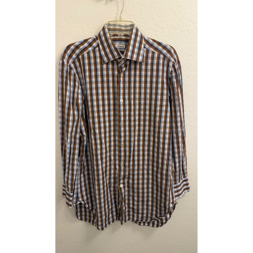 Kiton Napoli Mens 16 41 Brown Blue Plaid Cotton Long Sleeve Button Down Shirt